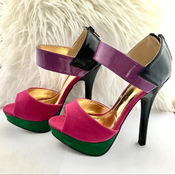SOLD!! Open Toe Heels Ankle Strap Pink Green - Picture 2 of 6